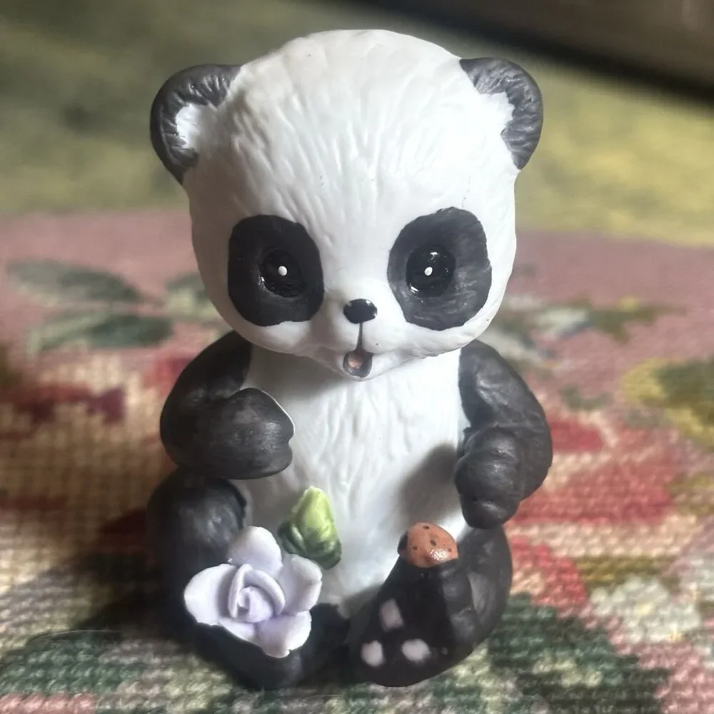 Vintage Ceramic Panda Bear Figurine Holding Flower & Ladybug Taiwan